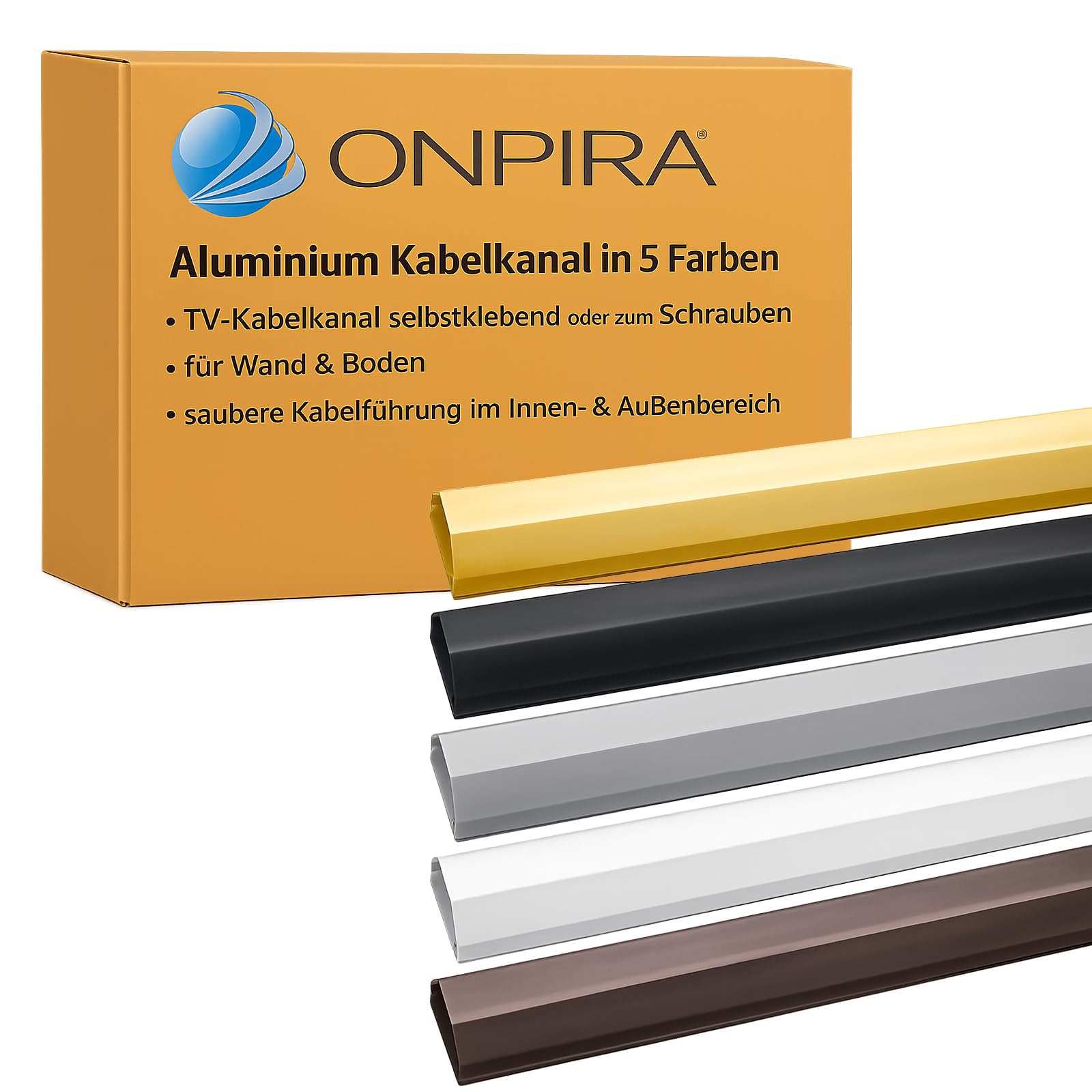 Onpira® Aluminium Kabelkanal in 5 Farben – TV-Kabelkanal selbstklebend oder zum Schrauben – für Wand & Boden – saubere Kabelführung im Innen- & Außenbereich (50x750mm, Silber Selbstklebend: Ja)