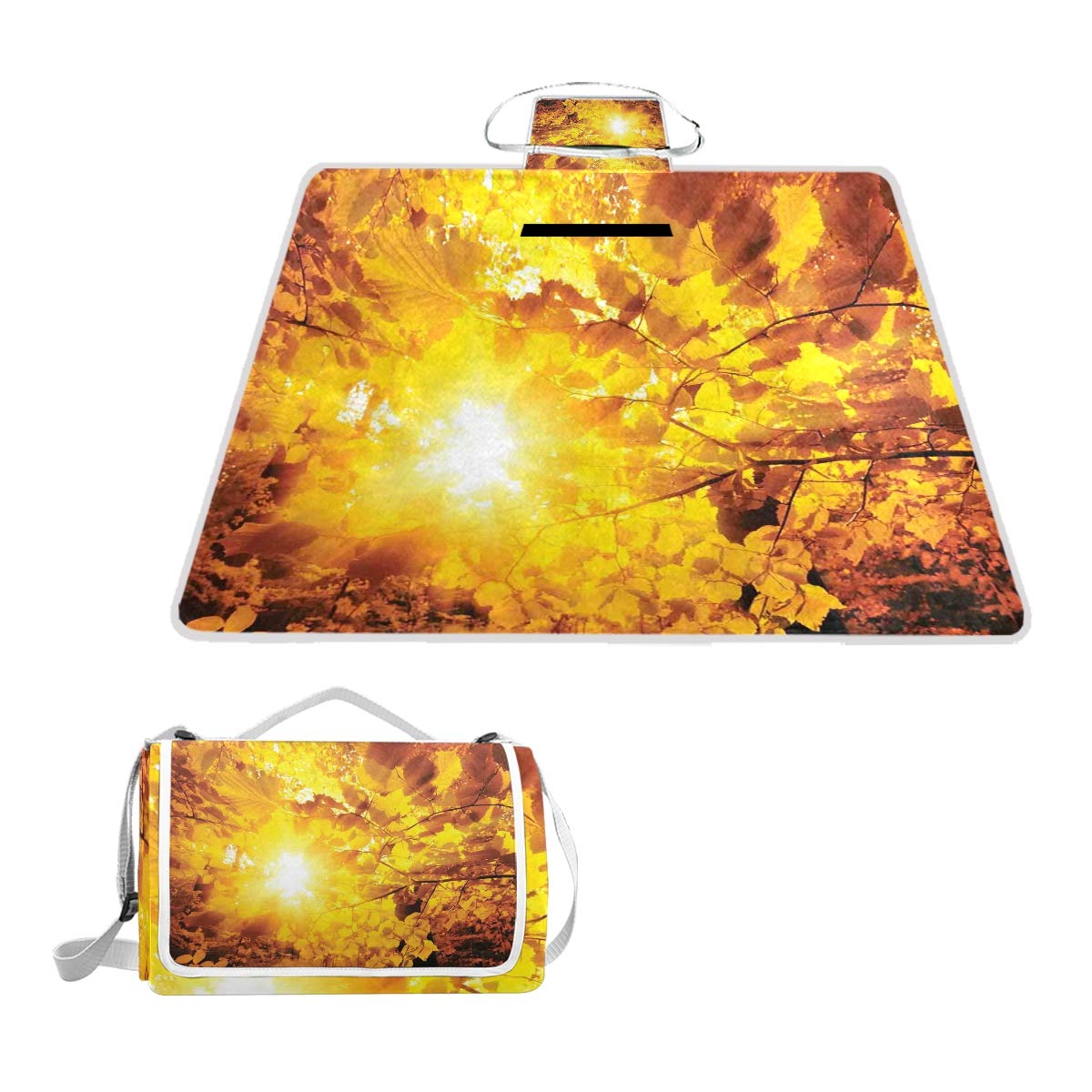 XINGAKA Picnic Blanket,The Vibrant Sun Beaming Through Golden Yellow Leaves Of Beech Trees Forest View，Large Beach Blanket Outdoor Camping,Waterproof Backing,Foldable
