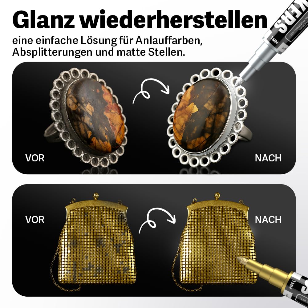 Chrom Lackstift Set - 4 Lackstifte Dual Spitze: 2x Silber, 1x Gold, 1x Kupfer | Lackstift Silber Metallic Auto, Chrom Farbe Gold, | Silberstift Metallic wasserfest für Auto, Glas, Metall