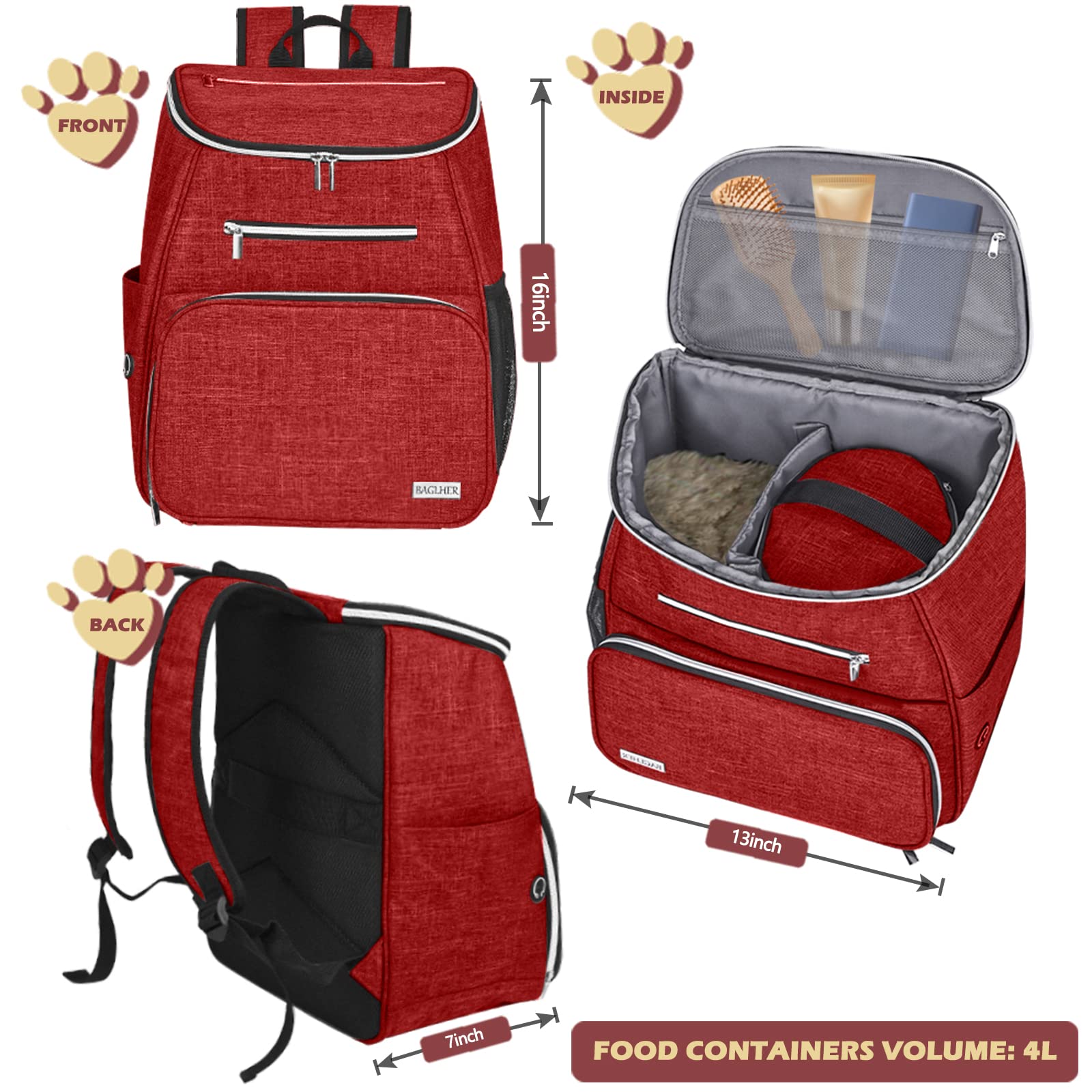 BAGLHER Sac à dos de voyage pour chien, approuvé par les compagnies aériennes, sac à dos de voyage pour chien avec 2 gamelles pliables en silicone et 2 paniers alimentaires (rouge)