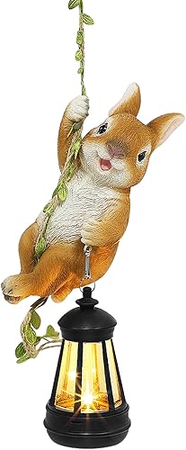 Miniatura 10 de Solar Lighted Garden Outdoor Statue, 20.1" H Hanging Swing Lying with A Sleeping Raccoon and A LED Lantern, Resin Animal Figurine Hanging Ornaments
