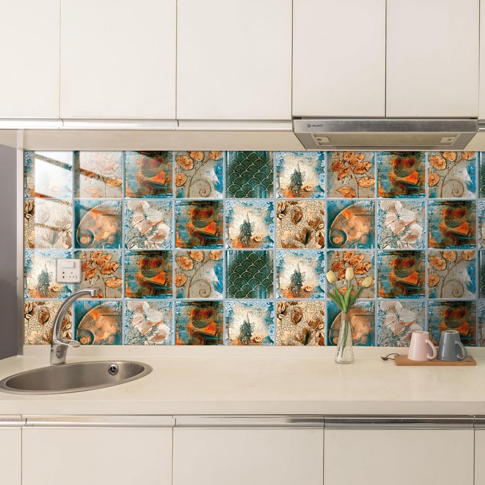 Moroccan Tile Stickers for Kitchen， Retro Green Leaves Tile Stickers, 10 Pcs 10x10-30x30 cm, Waterproof Oil-Proof(10 Pcs/20x20cm)
