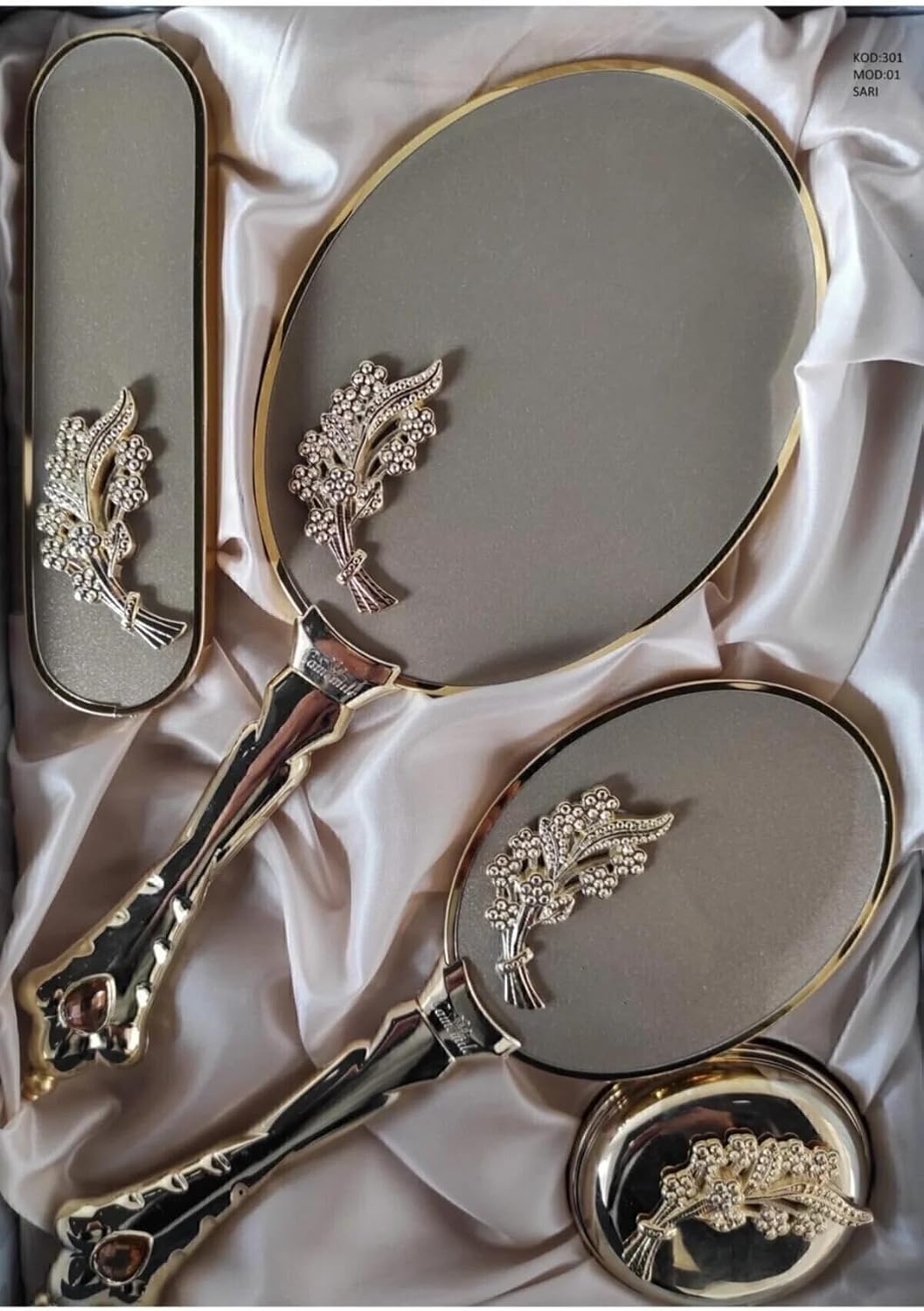 SODEF Mirror and Comb Set 2 Leaf Design Silver, Bridal Trousseau Gift, Decorative Vanity Accessories, Refined Dressing Table Set, One Size - Silver