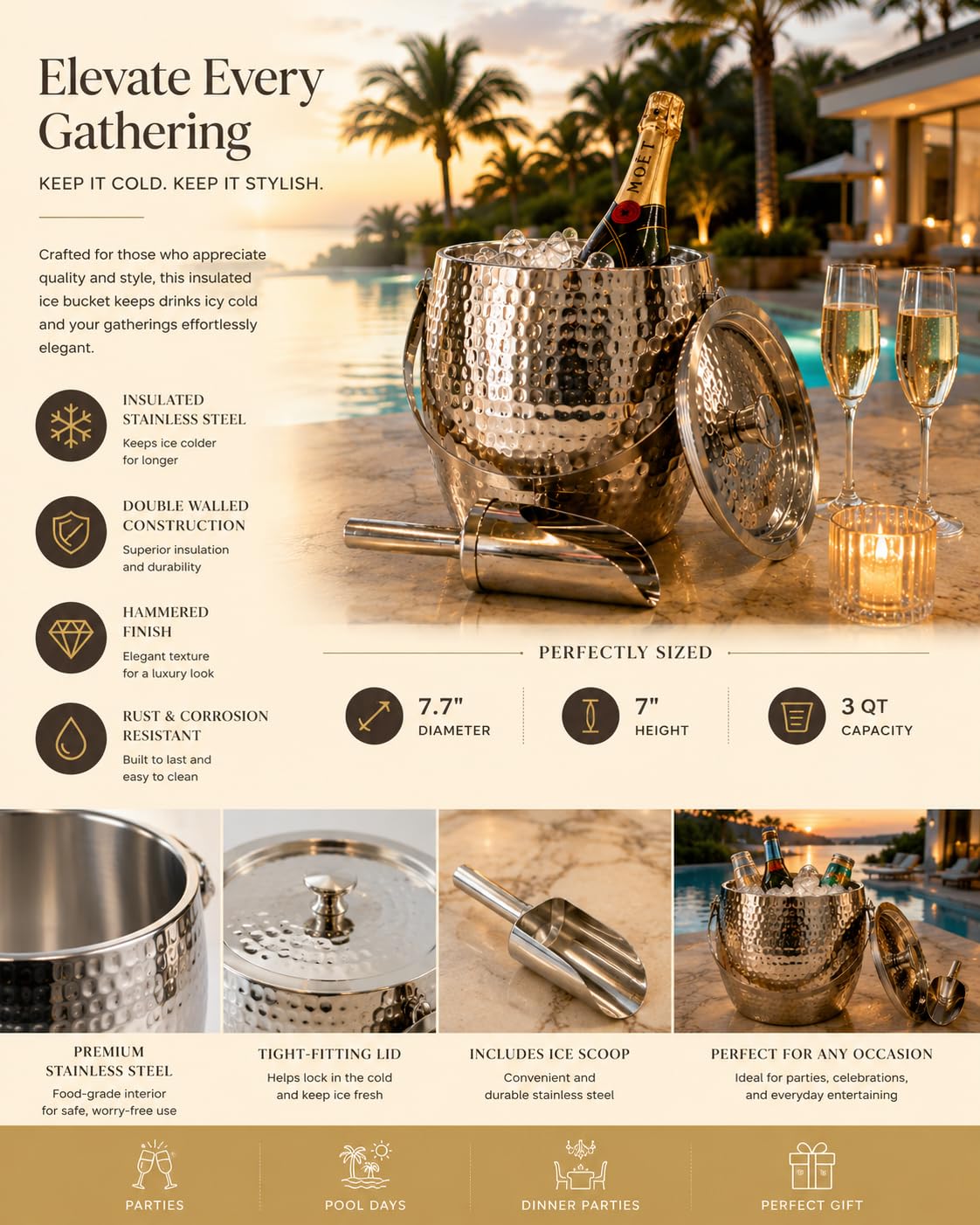 BREKX 3 QT Isolierte Eiskübel für Partys mit Deckel und Schaufel – Eisberg verankerter Weinkühler Champagnereimer für Cocktailbar, Metalleimer mit Deckel, nicht schwitzend
