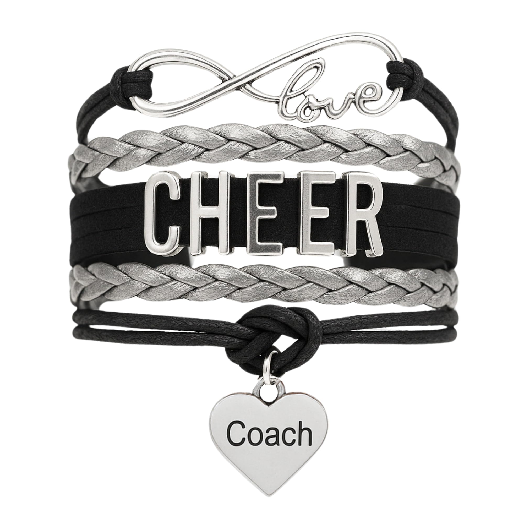 Cheer Coach Bracelet for Women – Black and Silver Infinity Heart Charm Jewelry Gift for Cheerleading Coaches and Teams