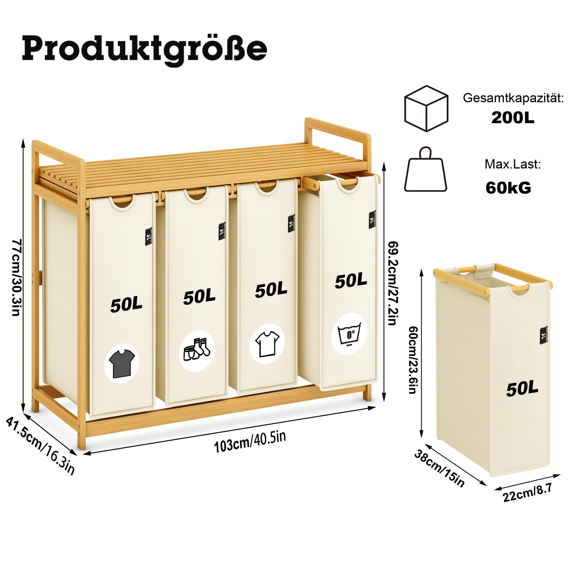 AdelDream Wäschekorb mit Bambusrahmen 150L 3 Fächer Und Wäschesammler 200L 4 Fächer Kombination Beige