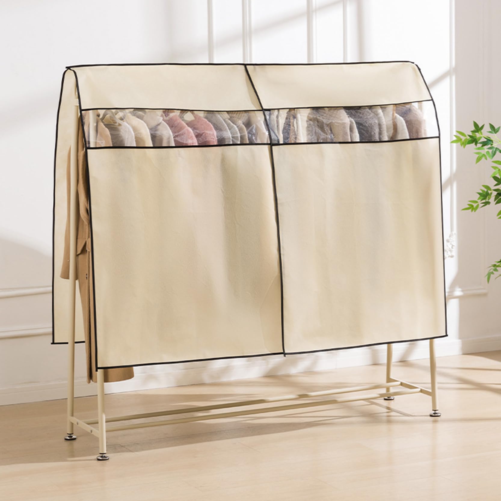 Kleiderstangenabdeckung mit Sichtfenster, 3er-Pack, Lange (B) 60/120/180 x (H) 120 cm, staubdicht und atmungsaktiv, beige, 180 x 120 cm
