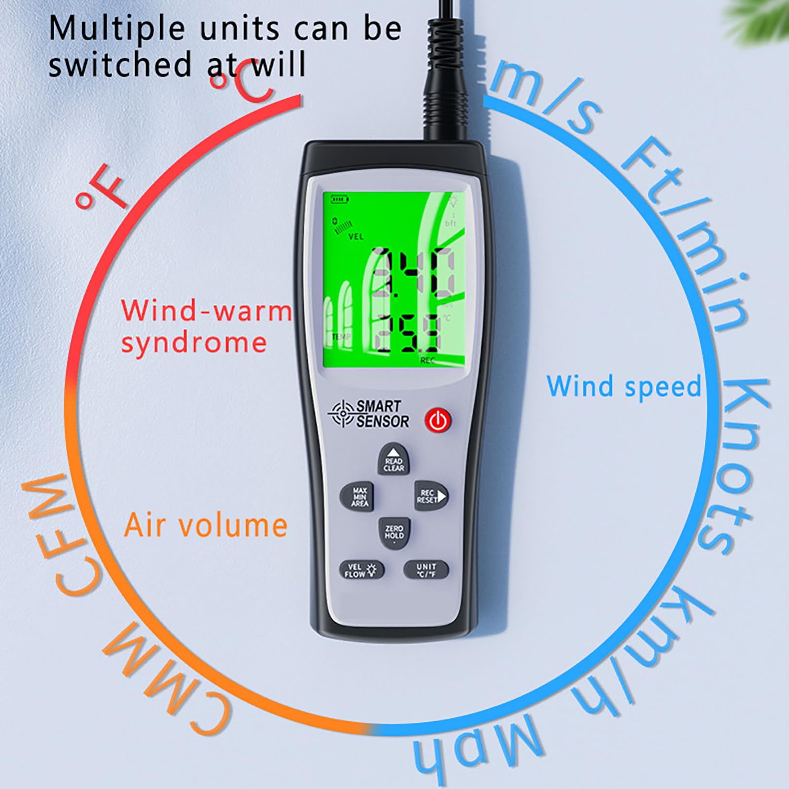 Anemometr, Cyfrowy Miernik Prędkości Wiatru Z Wysuwaną Elastyczną Sondą, ℃/℉, Konwersja Jednostek Prędkości Wiatru/temperatury Wiatru/objętości Powietrza, Dla Meteorologii, Rolnictwa