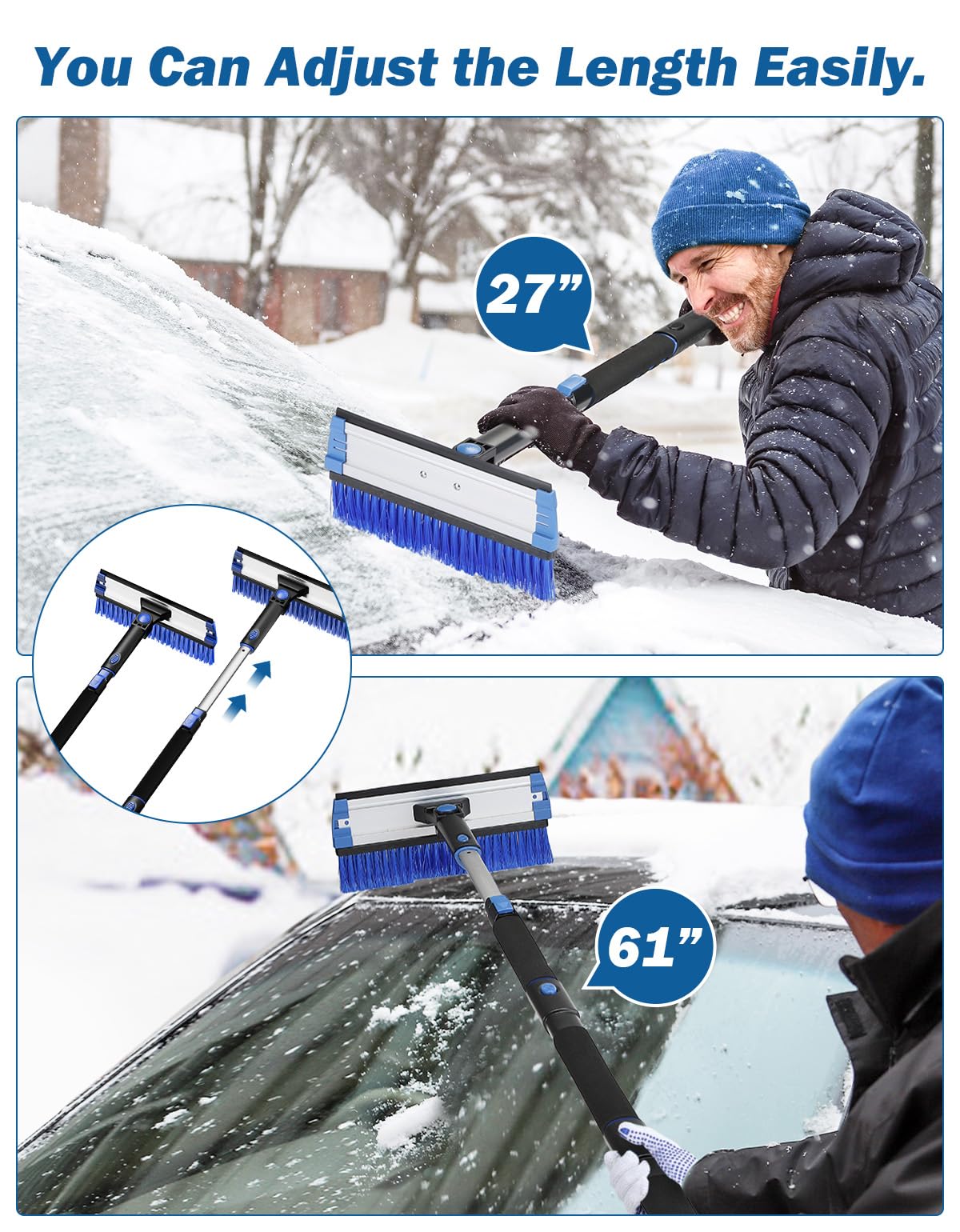 JOYTUTUS Rascador de hielo de 61.3 pulgadas y cepillo de nieve de mango largo, giratorio de 270° extensible para parabrisas de automóvil, agarre de espuma telescópica para raspador de hielo, removedor