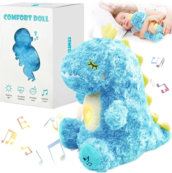 ZRPSIZP Dinosaur Stuffed Animals, Breathing Stuffed Animals with Realistic Breathing Action and Lighted Music, Ideal Sleeping Plush Toys Adjustable in Four Modes, Baby Gifts for Boys (Blue)
