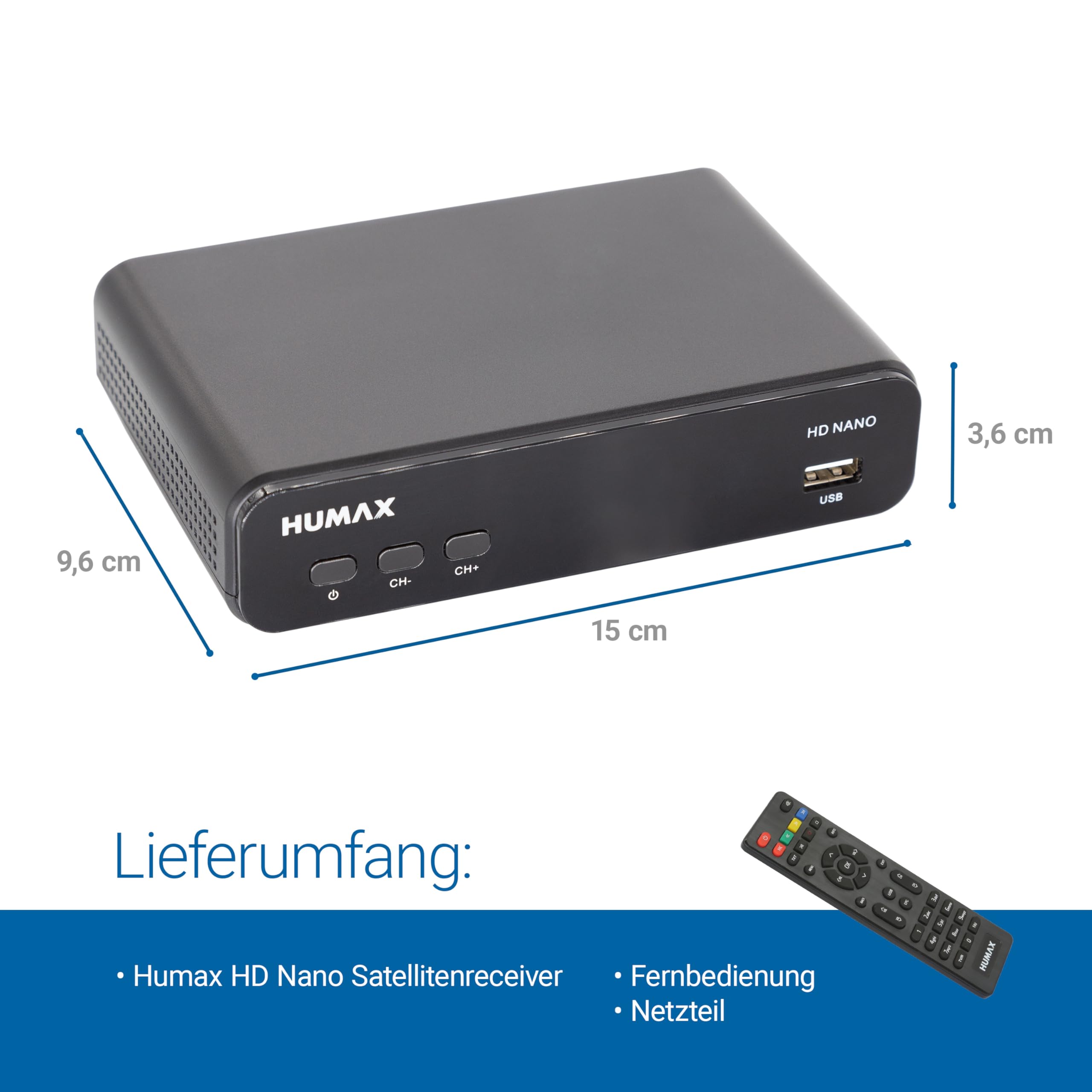Humax Digital HD Nano Digitaler HD Satellitenreceiver 1080P Digital HDTV Sat-Receiver mit 12V Netzteil Camping - Astra vorinstalliert - HDMI, SCART, DVB-S/S2, ohne HDMI Kabel