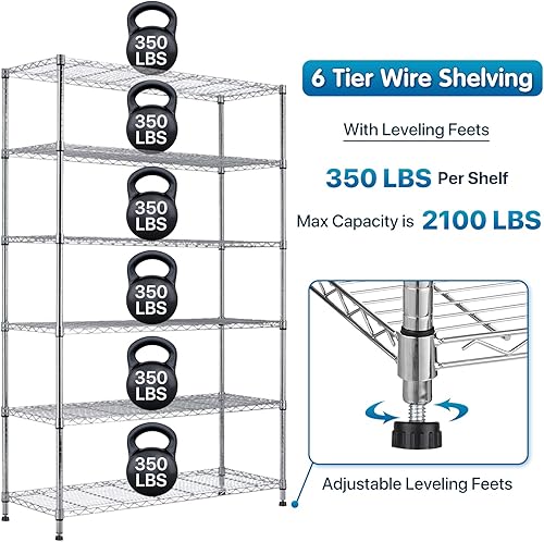 Miniatura 5 de Estantes de almacenamiento, estante de metal, estantería de alambre con ruedas, certificación NSF de 6 niveles, altura ajustable, estantería de