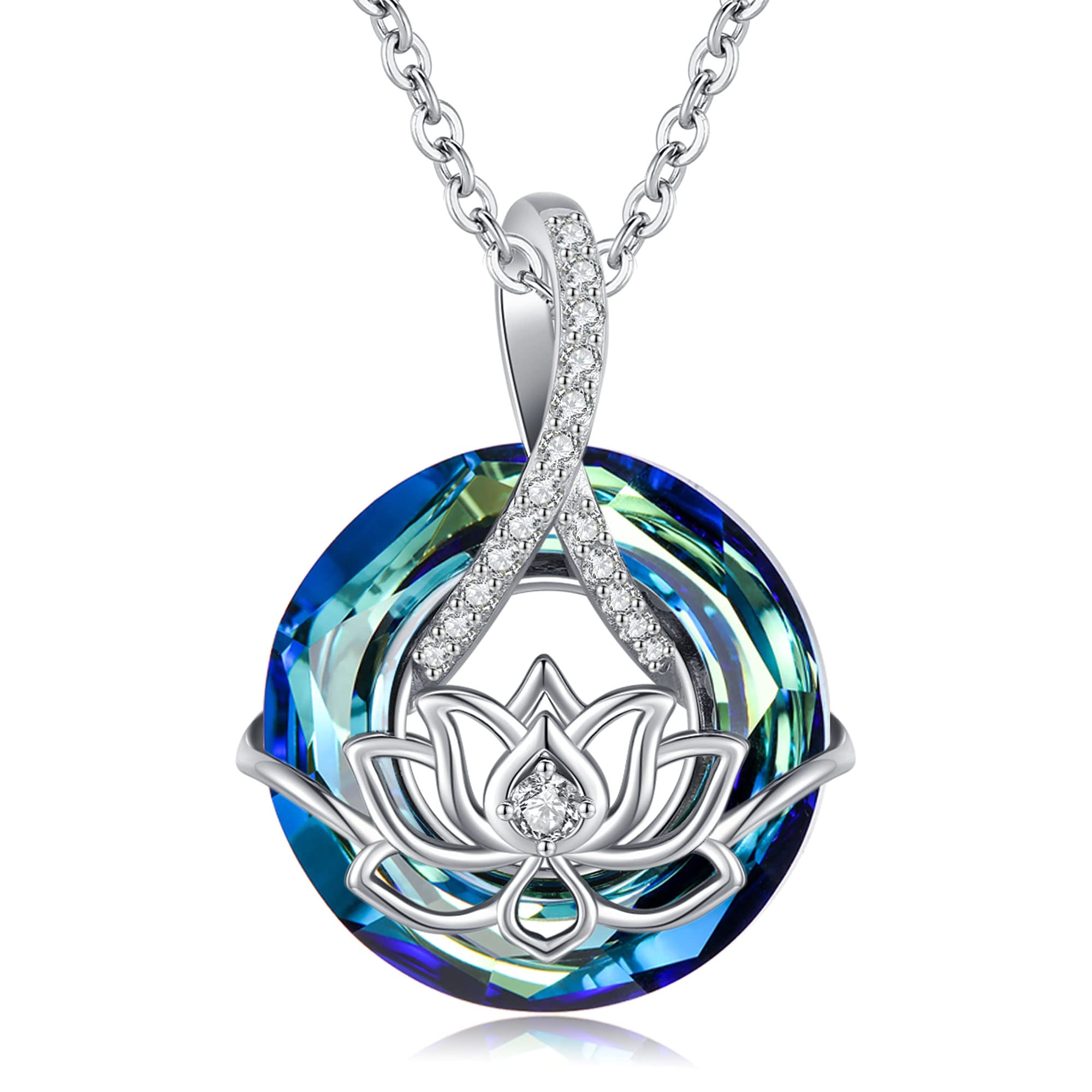Friggem Sterling Silver Mandala Necklace Crystal Lotus Flower Necklace for Women with Cubic Zirconia, Sterling Silver, crystal