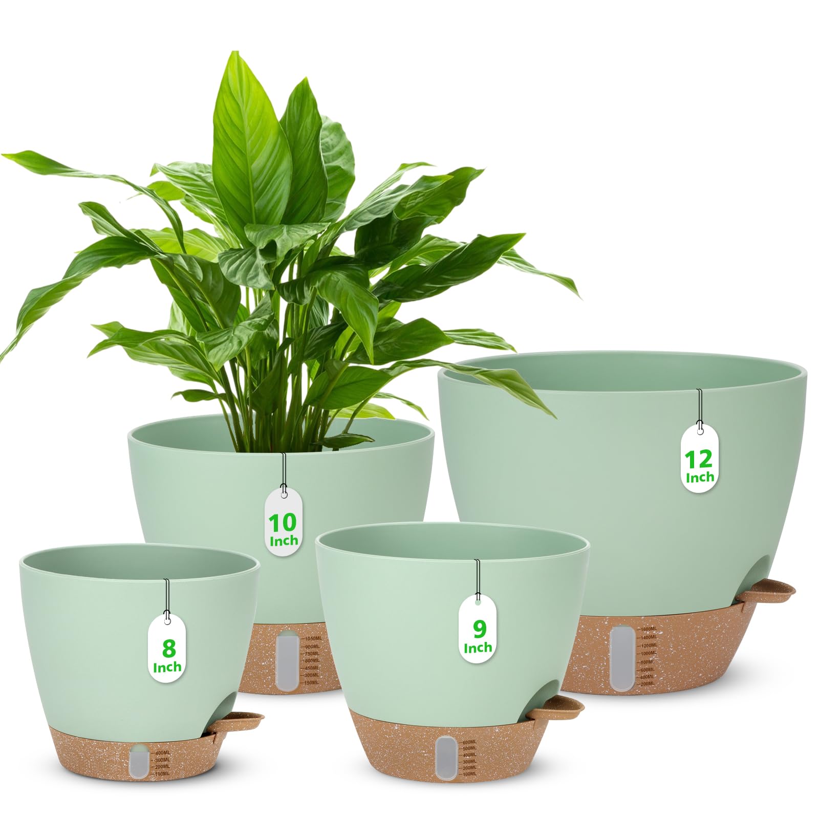 Macetas de riego automático de 12, 10, 9 y 8 pulgadas con indicador de nivel de agua, juego de macetas grandes de plástico con agujero de drenaje de malla y depósito de platillo extraíble, maceta