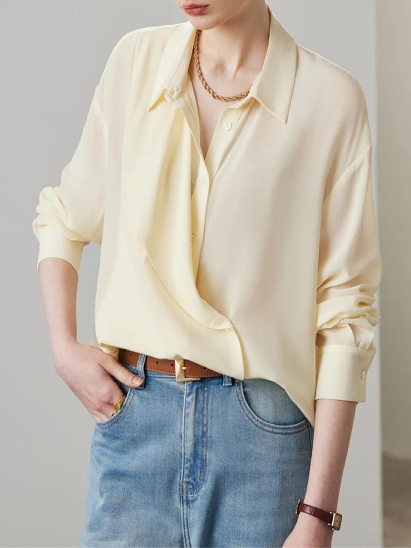 Blusa de seda lisa para mujer, cuello abatible, elegante, informal, con botones, de seda