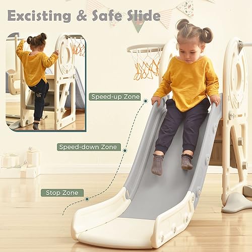 Miniatura 4 de Merax Tobogán 5 en 1 para niños con columpio juego de columpios para bebés de interior con aro de baloncesto casa de juegos para escalador y autobús