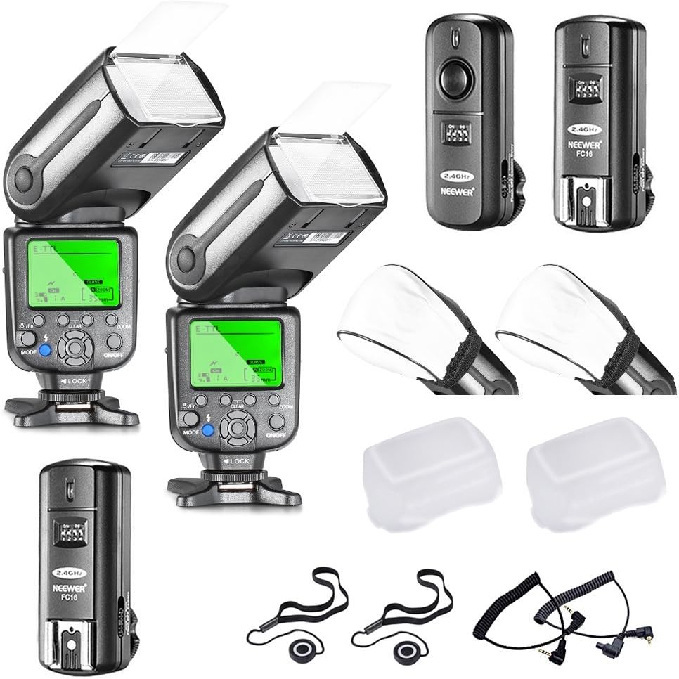 Neewer NW565EX E-TTL Slave Flash Speedlite Kit for Canon DSLR Camera,include:(2)TTL Flash+(1)2.4G Wireless Trigger(1 Transmitter,2 Receiver)+(2)Soft&Hard Diffuser+C1/C3 Cables+(2)Lens Cap Holder