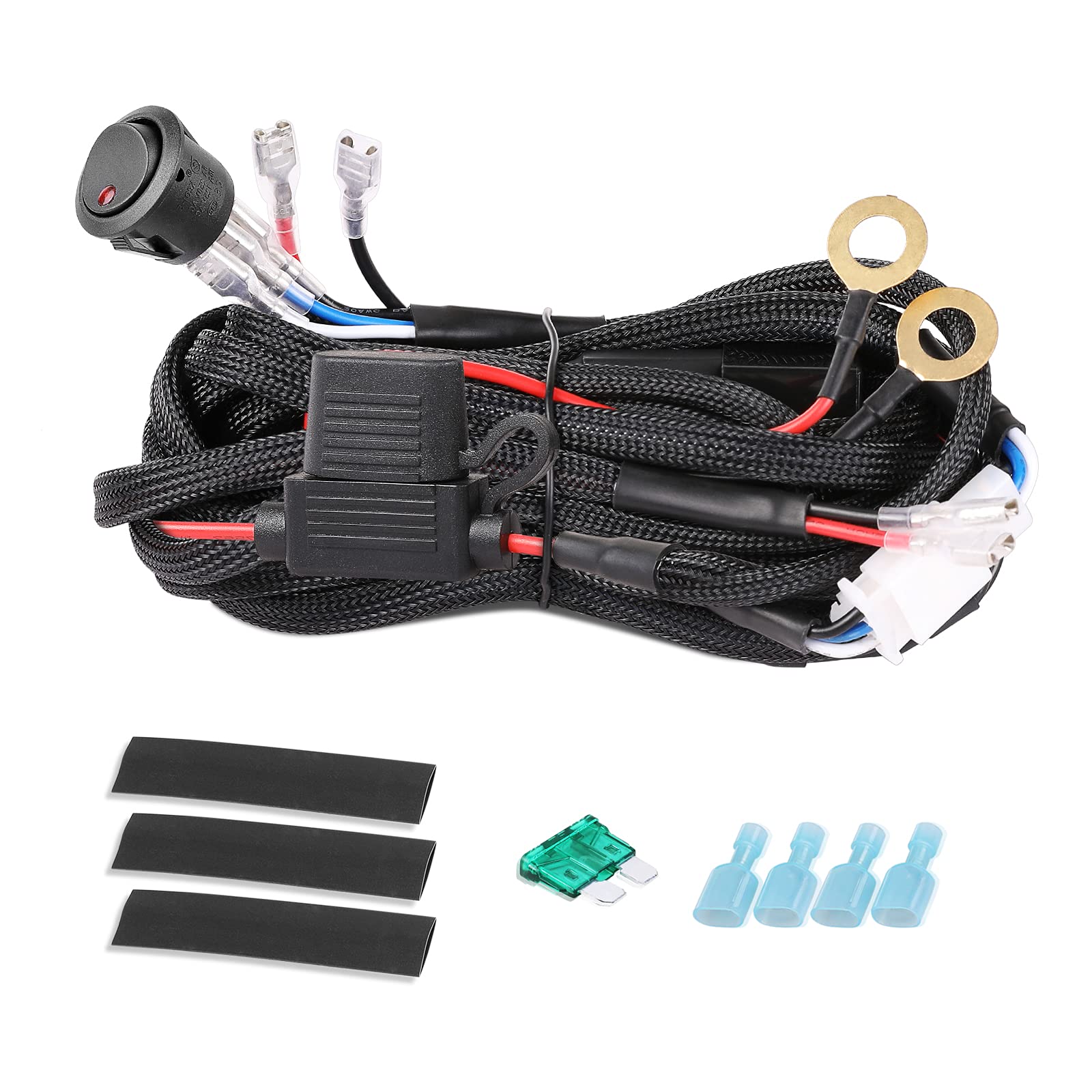 14.7ft Nylon Wiring Harness 2 Leads with Rock Switch 40A Relay 30A Fuse in-Line for LED Pods Fog Lights Off Road Work Light Bar Wiring Harness Single Lead for ATV UTV Truck Wrangler F150