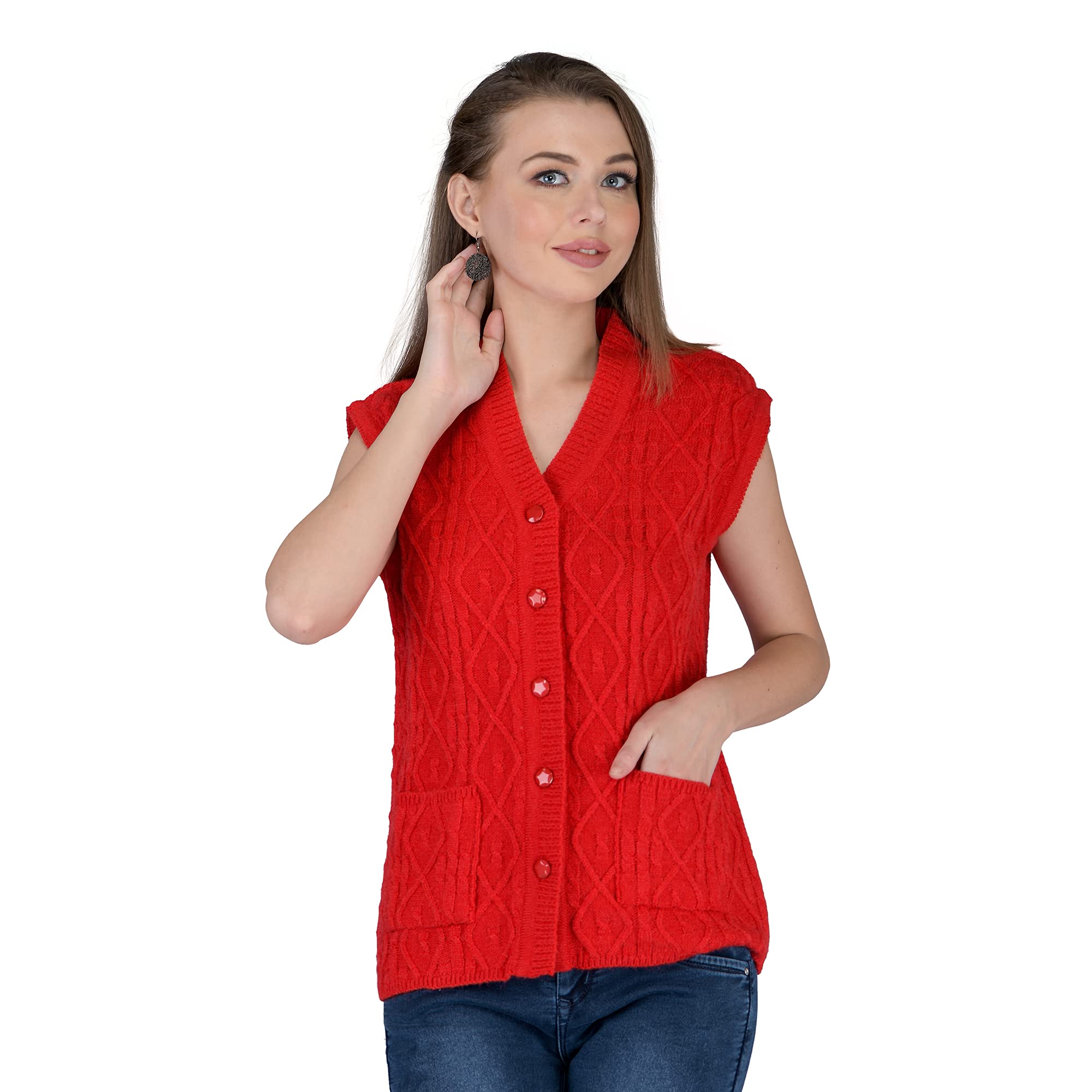 Women's Wool V-Neck Cardigan (PUREWOOLRAINBOWSEMIHALFSLEEVECOTTY_Red_M)