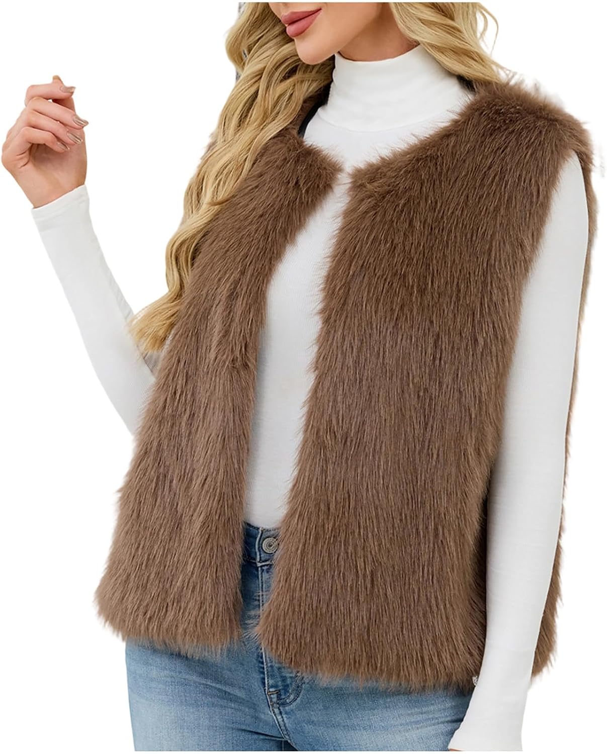 Lmdudan Faux Fur Vest for Women Warm Shaggy Fuzzy Fleece Jacket Casual Loose Sleeveless Waistcoat Open Front Winter Coats