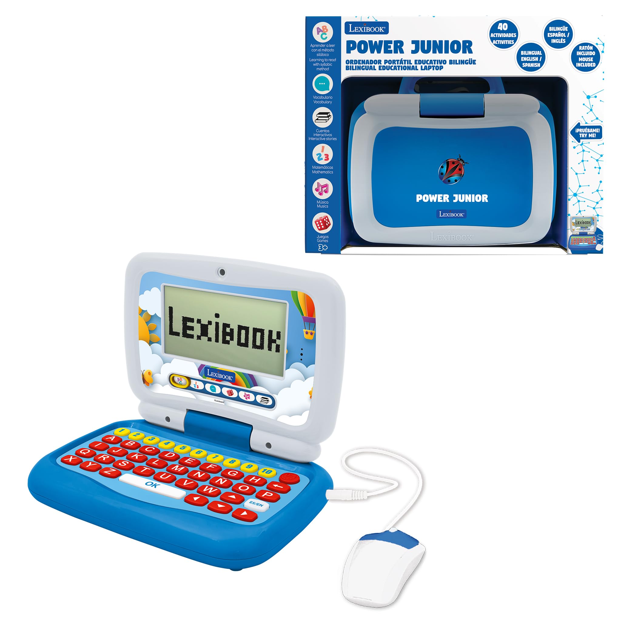 Lexibook, Power Junior, Ordenador Portátil Educativo Bilingüe INGLÉS/ESPAÑOL con 40 Actividades Incluyendo una Nueva Forma de Aprender a Leer y Contar, Color Azul/Blanco (JC398i2)