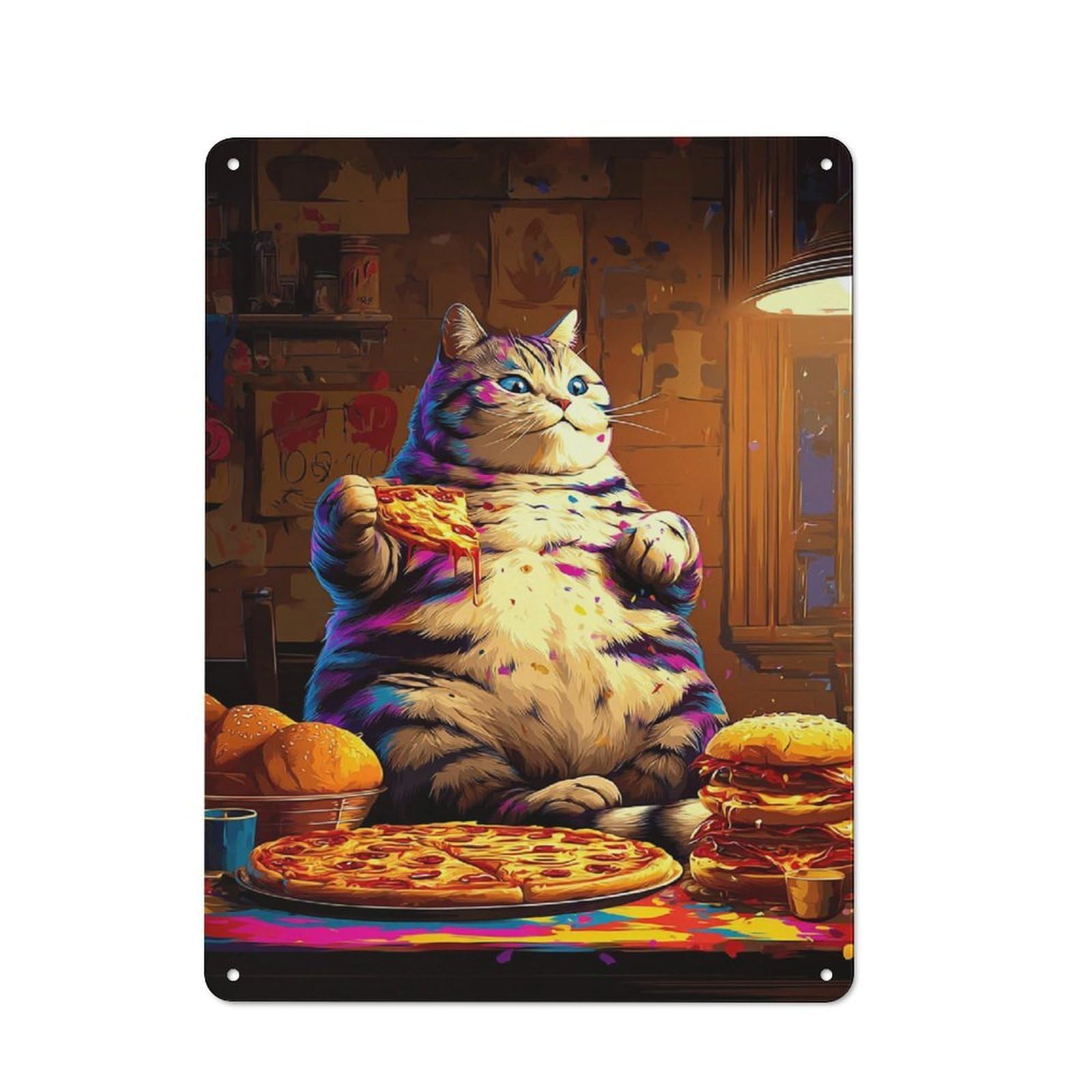 Junmoney Fat Cat Enjoying Pizza Party -2 Retro Vintage Tin Sign 40X30cm, Cafe Wall Decor For Kitchen, Cafe, Pantry Or Dining Room