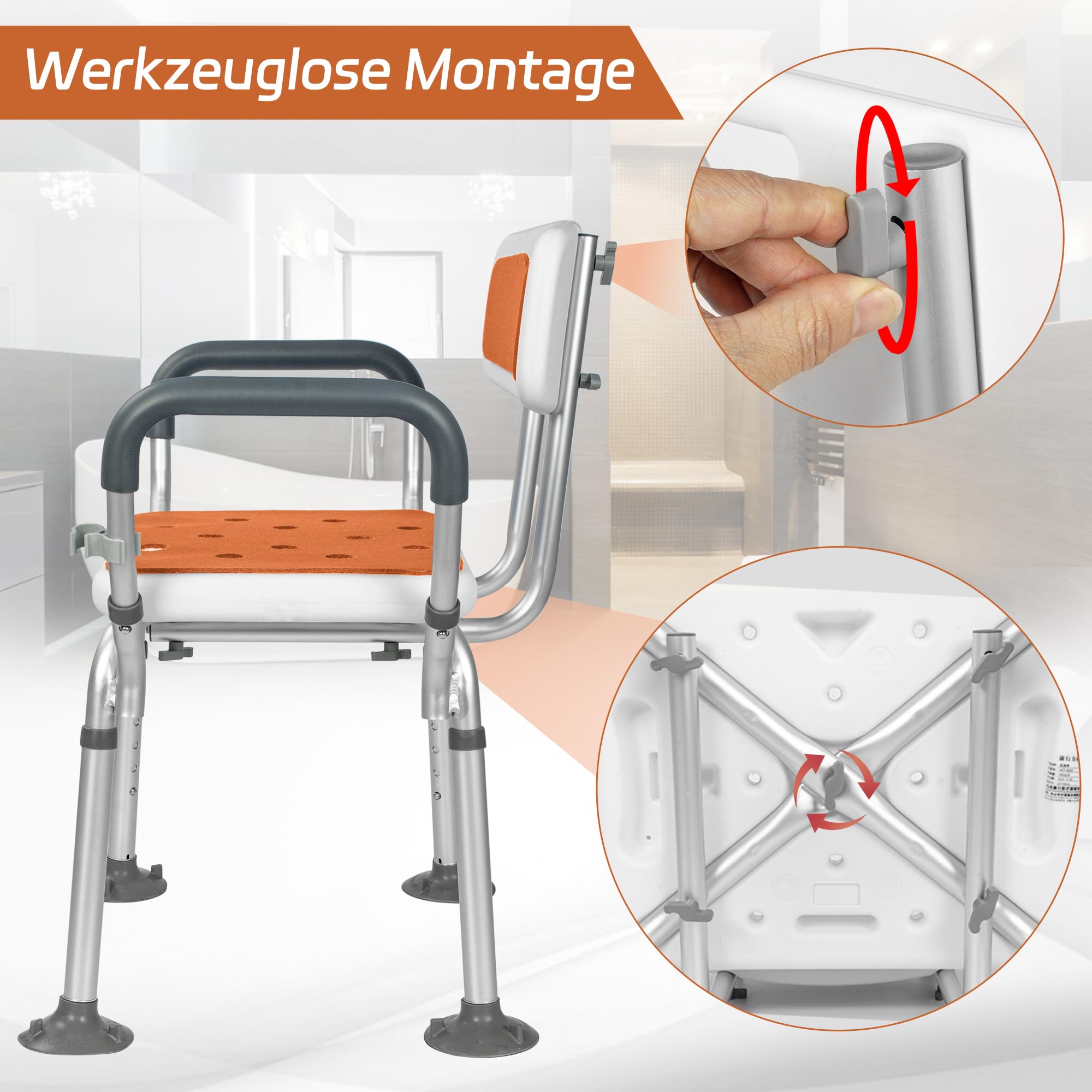 OUUTMEE Silla de ducha con reposabrazos y respaldo desmontable, antideslizante, taburete de ducha regulable en altura con 6 posiciones, asiento de ducha para personas mayores, color naranja