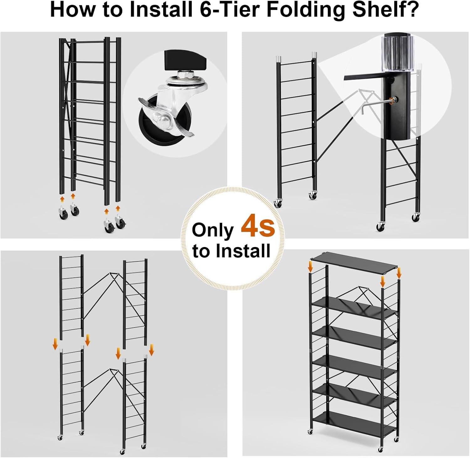 Himix 6 Tier Foldable Storage Shelves, Expandable Folding Bookshelf with Wheels, Changeable into 2 Shelf Units, Collapsible Adjustable Storage Rack Metal Shelves for Garage, Kitchen, Black - Image 5