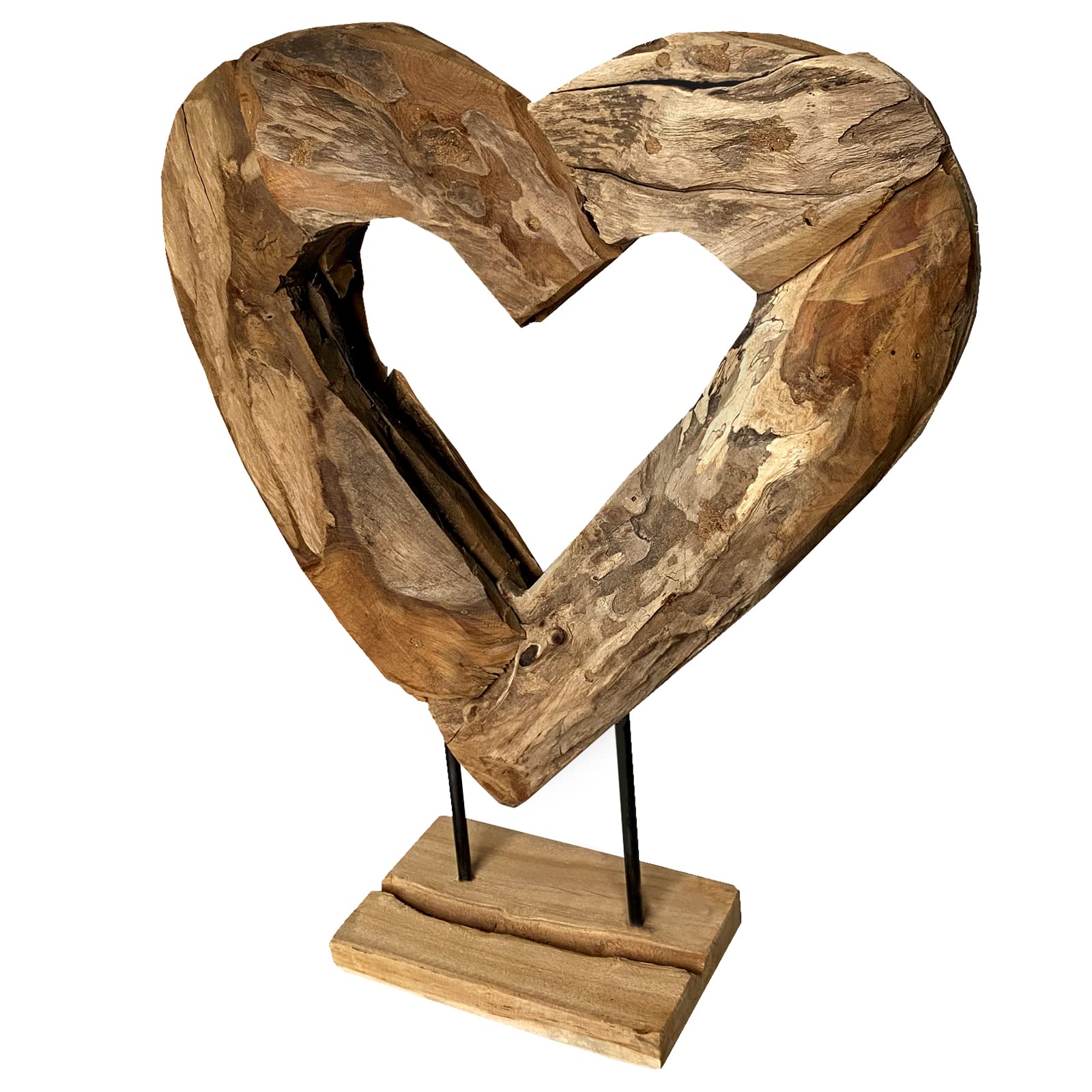 Teakholz Herz Skulptur auf Ständer 47x37 cm Vollholz Dekoherz