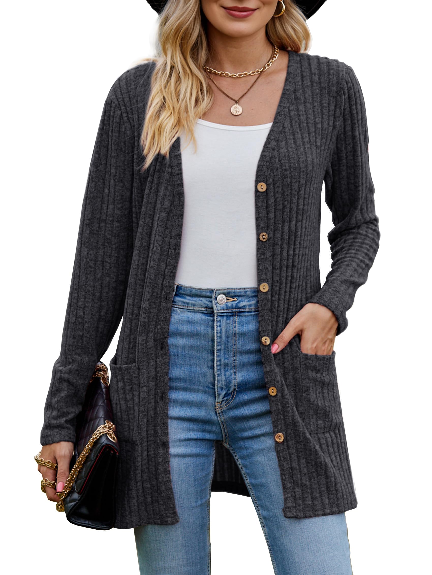 MYCOLORBLUE Alte Zeiten Strickjacken für Damen Elegant Gerippt Cardigan Langarm Knopfleiste mit Taschen Strickcardigan