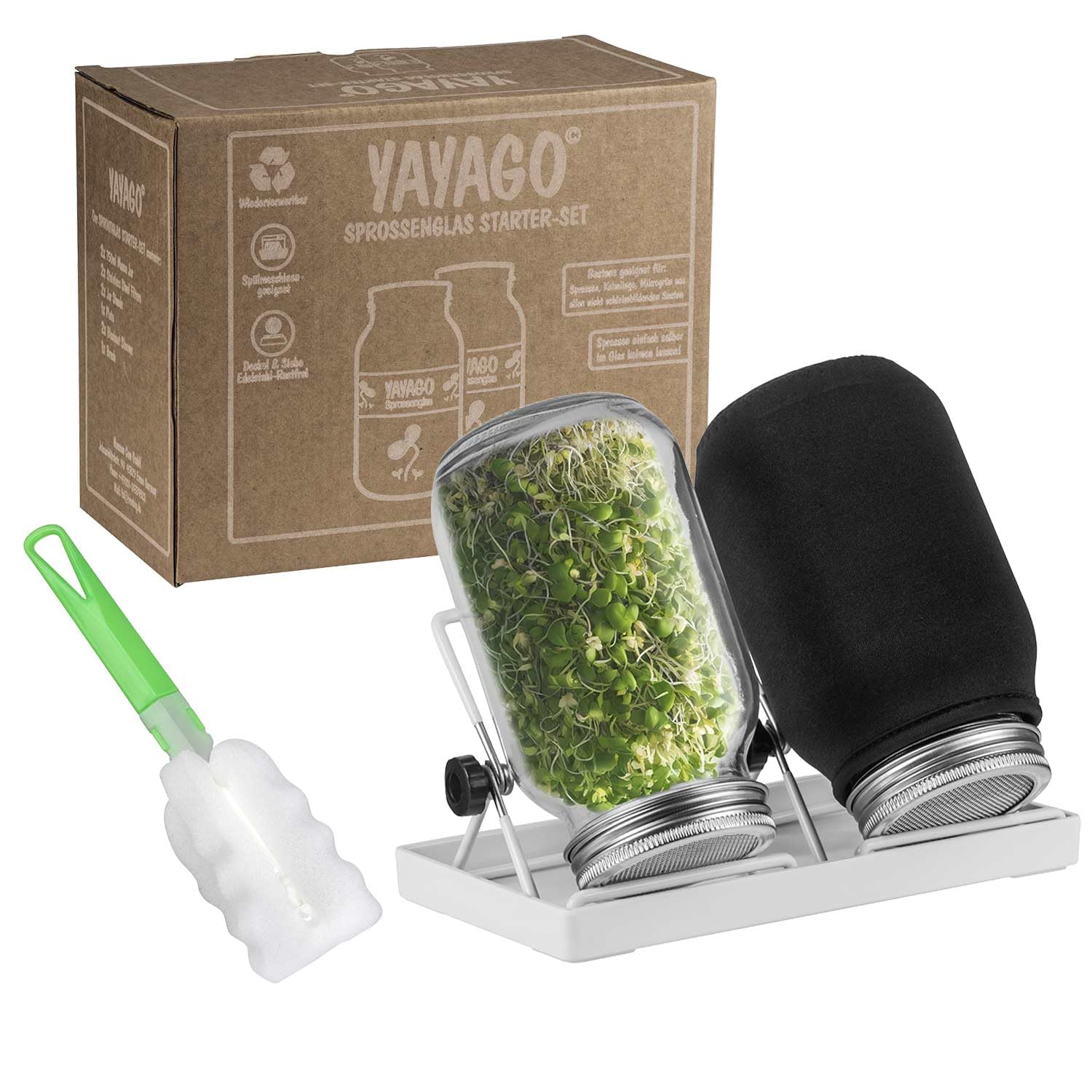 Lot de 2 bocaux à germer en verre pour germes - 1000 ml - Pour herbes, microgreens, cressons - Appareil de germination avec couvercle en acier inoxydable - Avec bac d'égouttement, revêtement et