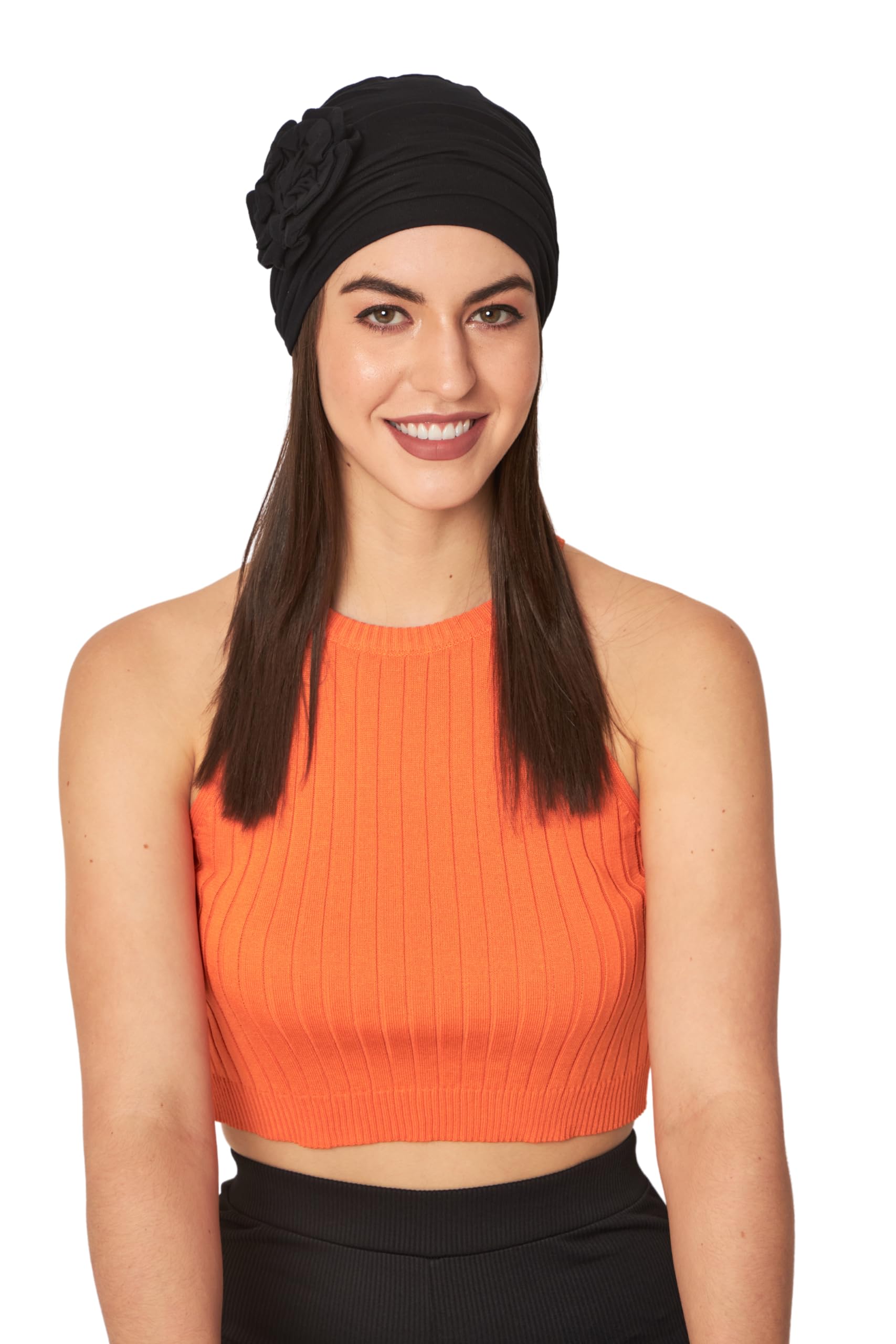 Jedwabisty miękki bambusowy wielokolorowy luźny styl swobodny rozmiar kwiatowa łatka czapka dla kobiet pacjentów po chemioterapii, Czarny, Medium-4X-Large