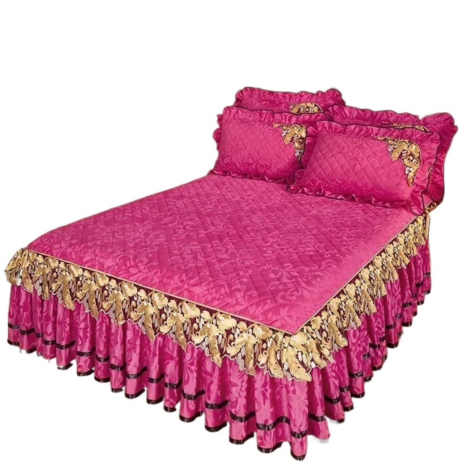 Plush Winter Warm Bedspread On The Bed Thickened Skirt-style Embroidery Quilt Bedding Cover Pillowcases(Rose Red,48x74cm Pillowcases)