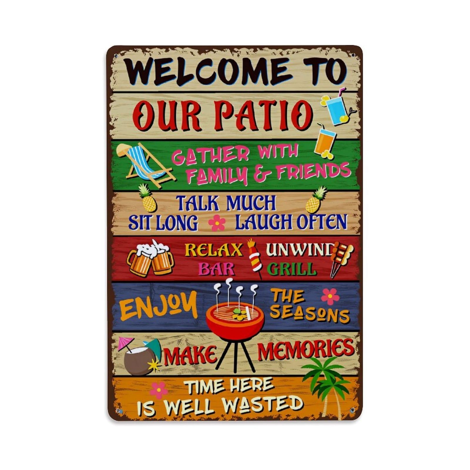 Lzwbntey Vintage Welcome To Our Patio Gather With Family And Friends Metal Tin Sign Retro Wall Decor For Home Bar Garage Cafe, Indoor & Outdoor Decorative Metal Poster, 8X12 Inch