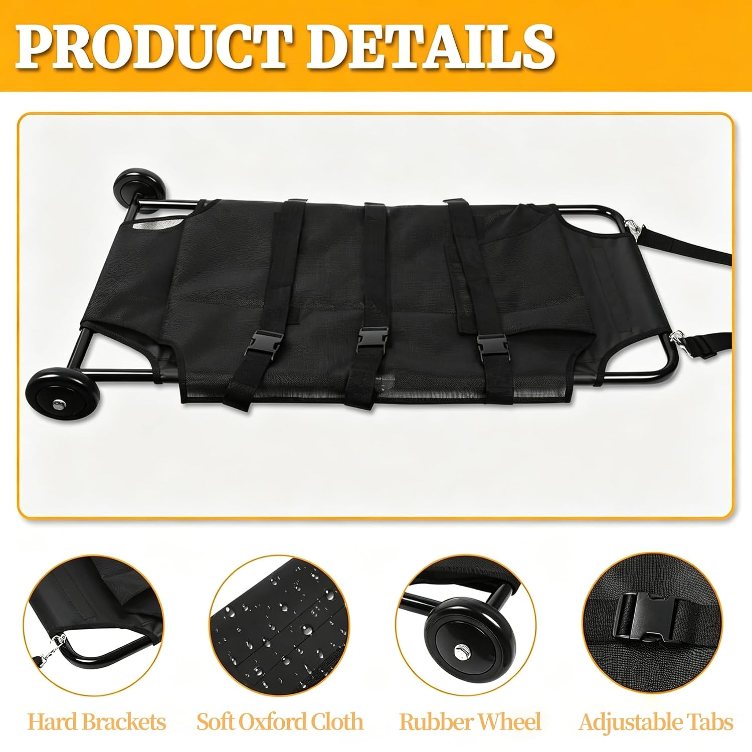 Large Dog Stretcher 48"x26" Foldable with Silent Wheels | 0.98" steel frame & 3 straps. 5" quiet wheels glide well. Folds 21.7"x22.8", 11 lbs. Breathable waterproof mesh, easy-clean.