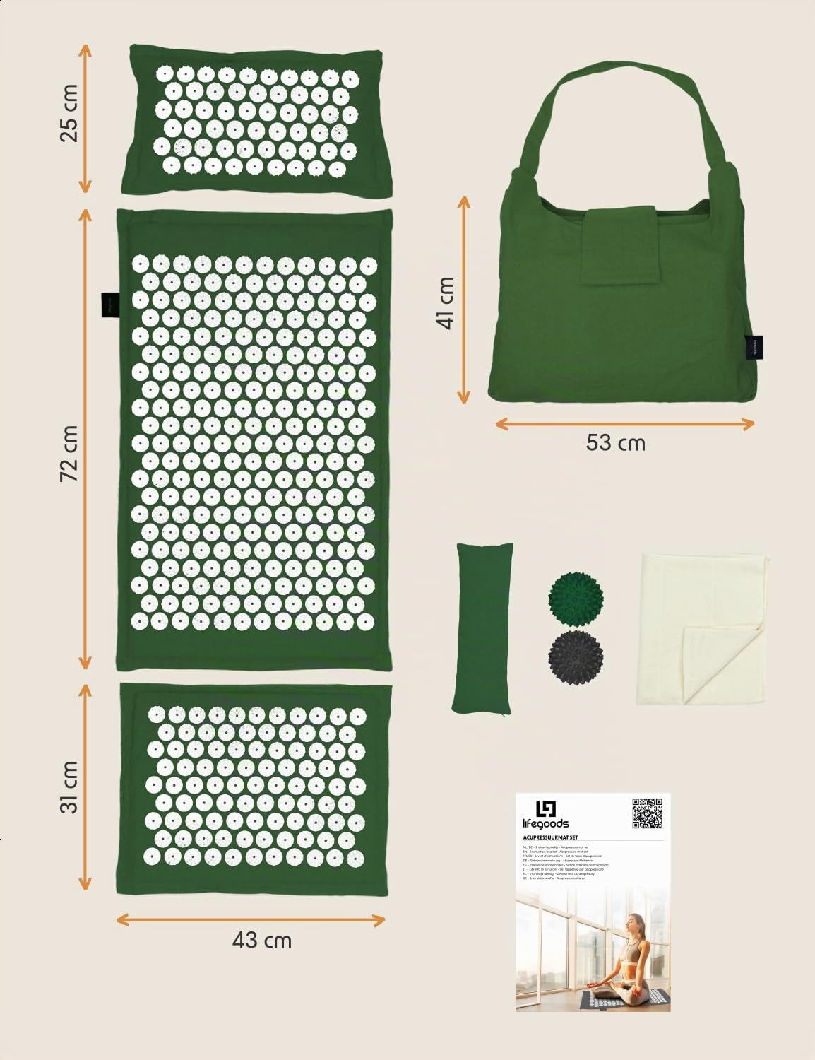 LifeGoods ECO, tappetino per agopressione con cuscino, tappetino a batteria, tappetino per agopuntura, tappetino massaggiante, schiena spina, tappetino per agopuntura, tappetino per massaggio