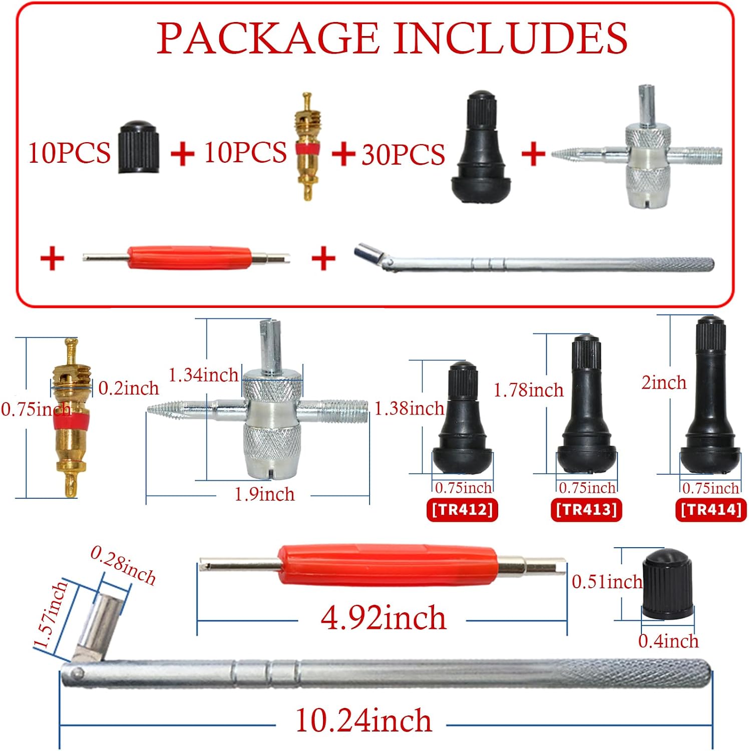 Valve Stem Puller Installer Tool, 10pcs TR412,10pcs TR413,10Pcs TR414 | Snap-in Valve Stems & Caps,10pcs Copper Valve Stem Cores, 4 Way Valve Core Remover & Dual Single Head Valve Core Remover