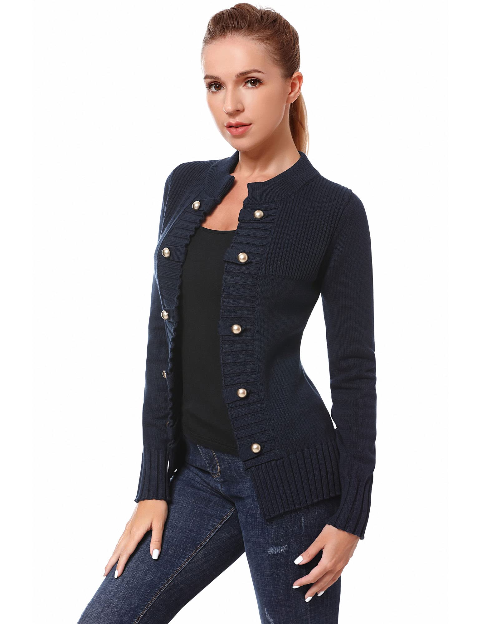 Am lieBoutik Women Cotton Blend Casual Button-up Stand Collar Military Style Open Front Cardigan
