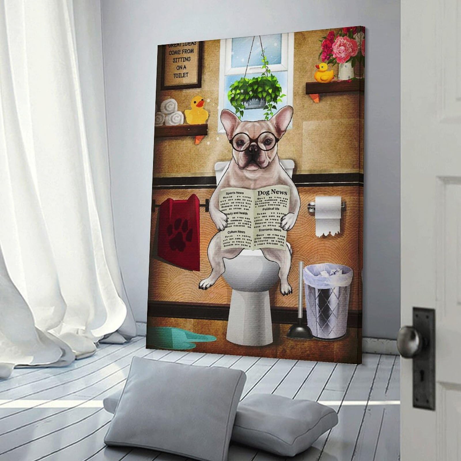 Junmoney Frenchie Flush Toilet Art Canvas Art Print 20x30inch(50x75cm), for Gallery Wall Layouts in Home Or Office, Decorative Artwork with Flexible Styling