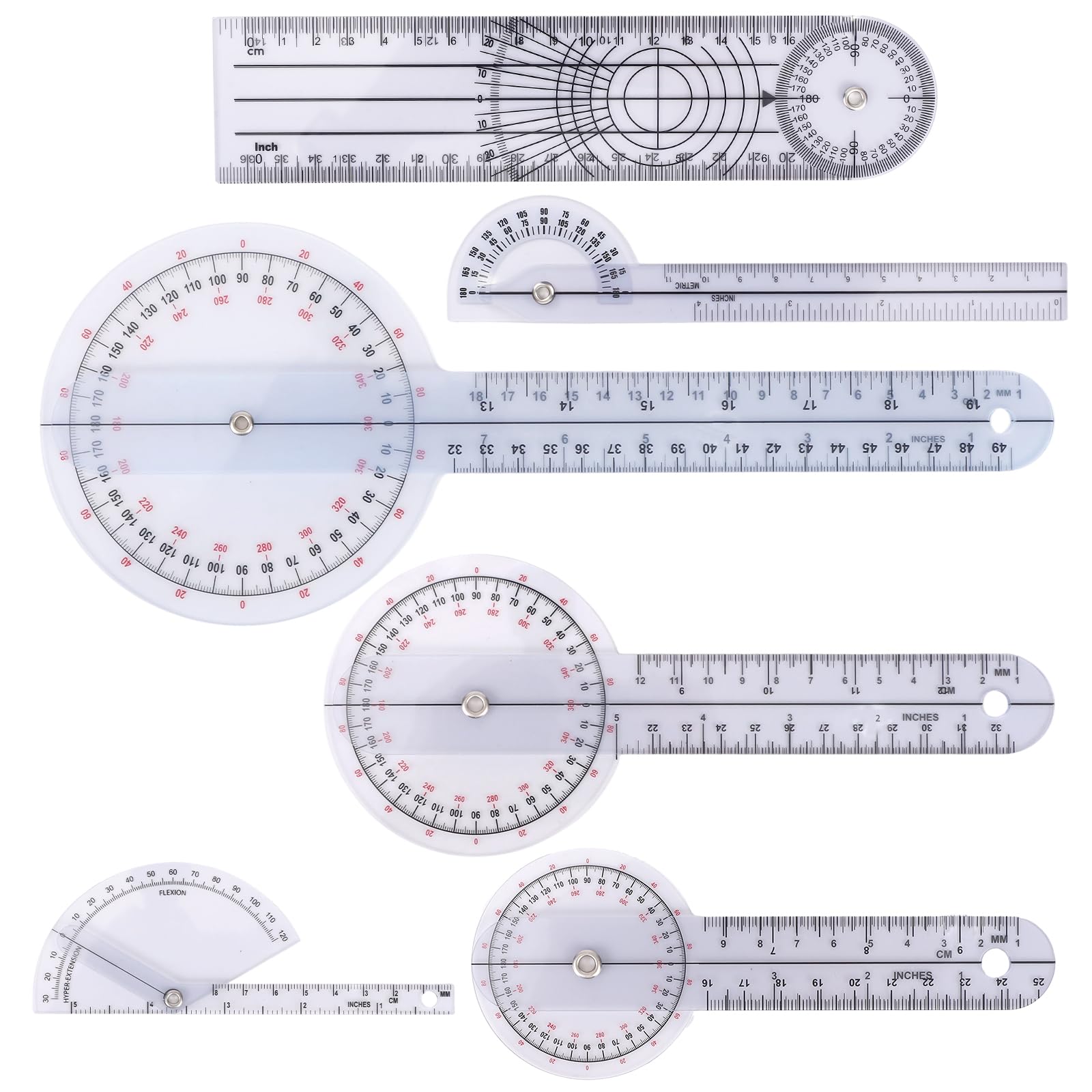 6pcs Goniometer Set, 360 Degree Transparent Finger Protractor 6/8/12 Inch Angle Ruler Measurement Tool for Physical