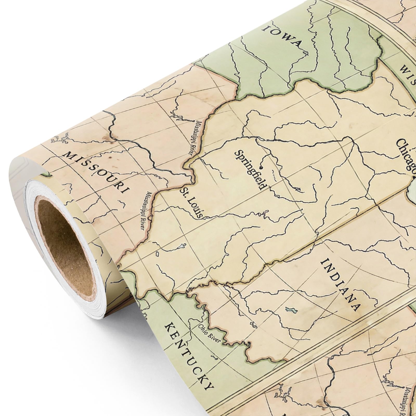 WRAPAHOLIC Vintage Map Wrapping Paper Roll - Mini Roll - 17 Inch x 16.5 Feet - Antique Retro Wrapping Paper with Illinois Map Design for Birthday, Travel Lovers, Graduation, Father's Day