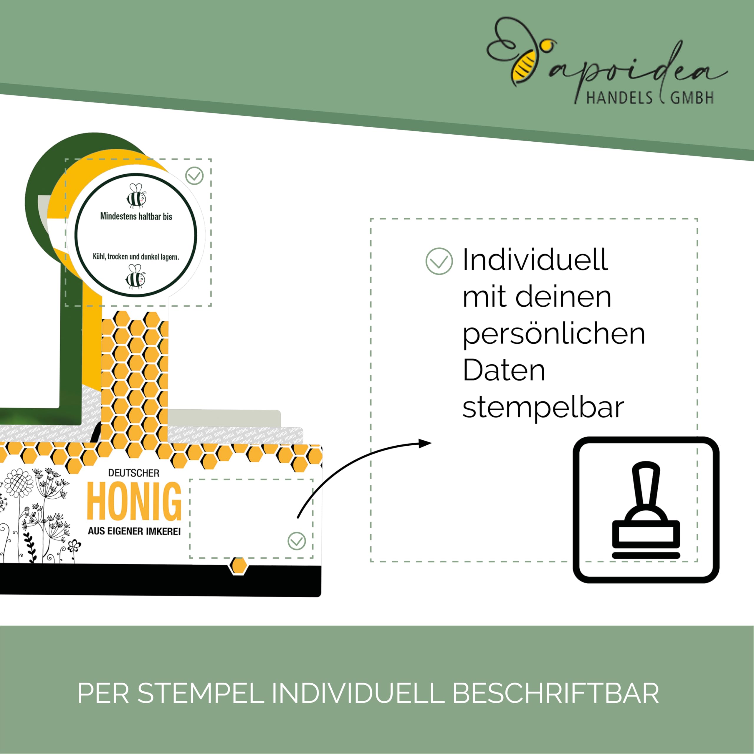 Apoidea – Honig Etiketten 500 g mit Gewährverschluss nassklebend – 100 Stück zum Stempeln/Etiketten Honiggläser/Honig Aufkleber für selbstgemachten Honig/Honigetiketten für Honiggläser