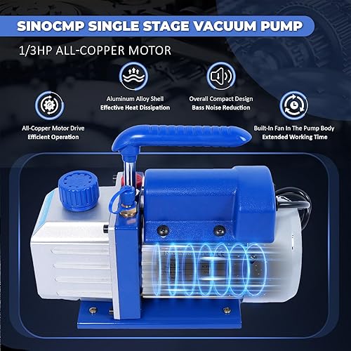Miniatura 3 de SINOCMP Bomba de vacío de una sola etapa 4CFM, HVAC 110V 60HZ 13 HP Power para R12 R22 R134a R410a R502 AC Sistema de recarga de refrigerante, para