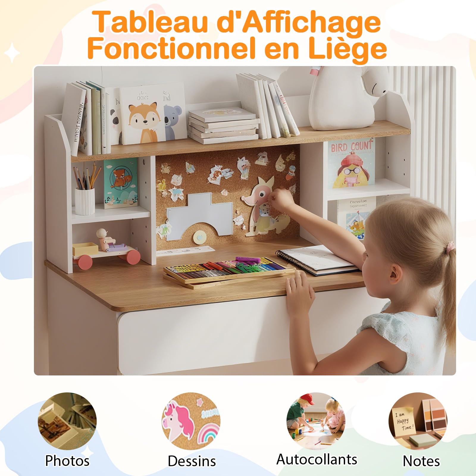 COSTWAY Bureau Enfant Garçon Fille avec Station de Charge & Tableau d'Affichage en Liège, Table Enfant en Bois avec Étagère Réglable & 2 Tiroirs, Charge 50kg pour Tout-Petits de 8-12 Ans