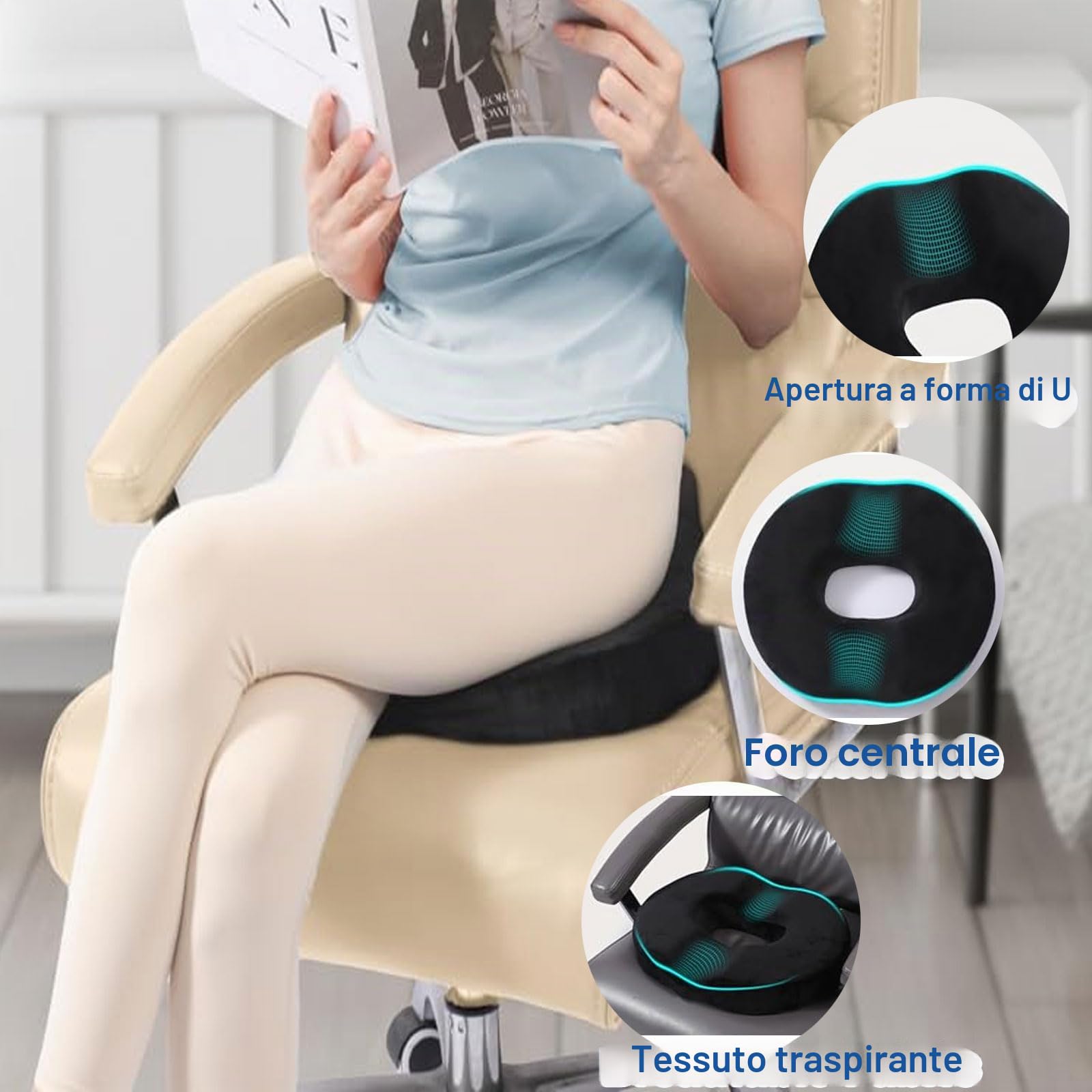 Cuscino per coccige per dolore al coccige, anello a ciambella, in memory foam, sollievo dal dolore per emorroidi, piaghe da letto, prostata, gravidanza, post parto, ideale per ufficio, auto,