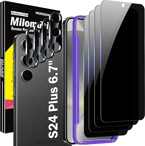 Milomdoi Paquete de 4 protectores de pantalla de privacidad para Samsung Galaxy S24 Plus de 6.7 pulgadas con 4 protectores de lente de cámara de