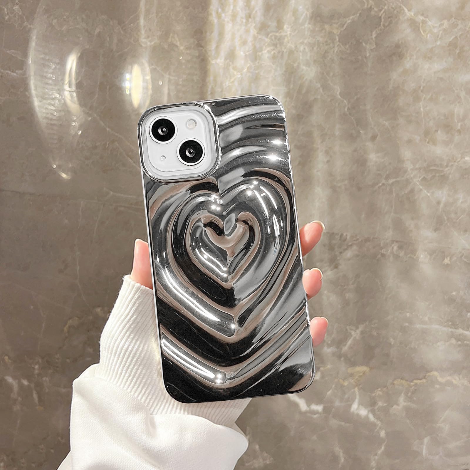 NITITOP Custodia Per IPhone 13 Pro Max Con Cuore 3D Glitterato, Silicone Morbido Antiurto, Colore Argento