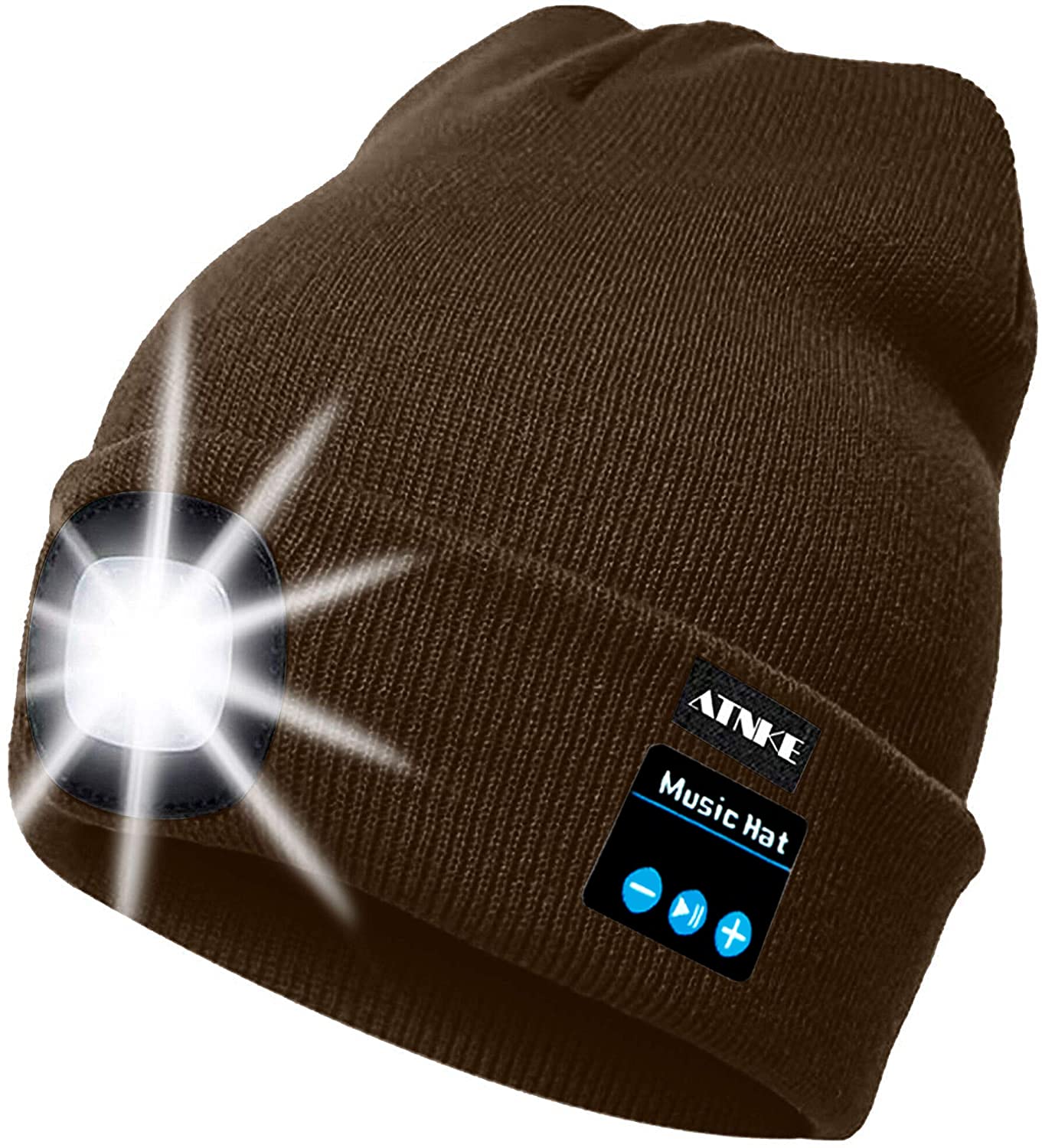 Atnke Women's Coffee Led Lighted Bluetooth Beanie Cap, Usb Rechargeable Wireless Musical Running Hat Ultra Bright 4 Led Light Lamp Use For Skiing Hiking Camping Cycling