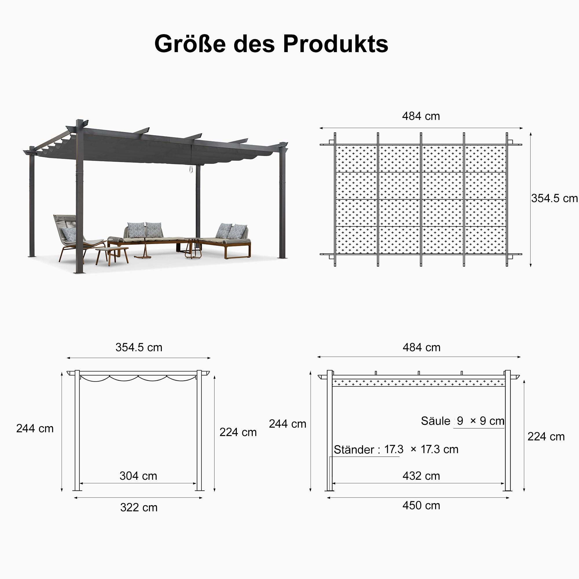 PURPLE LEAF Pergola Aluminium, 3.65 X 4.85 m Wasserdicht Stabil Winterfest Partyzelt, Gartenpavillon mit Sonnenschutz Überdachung, Grau