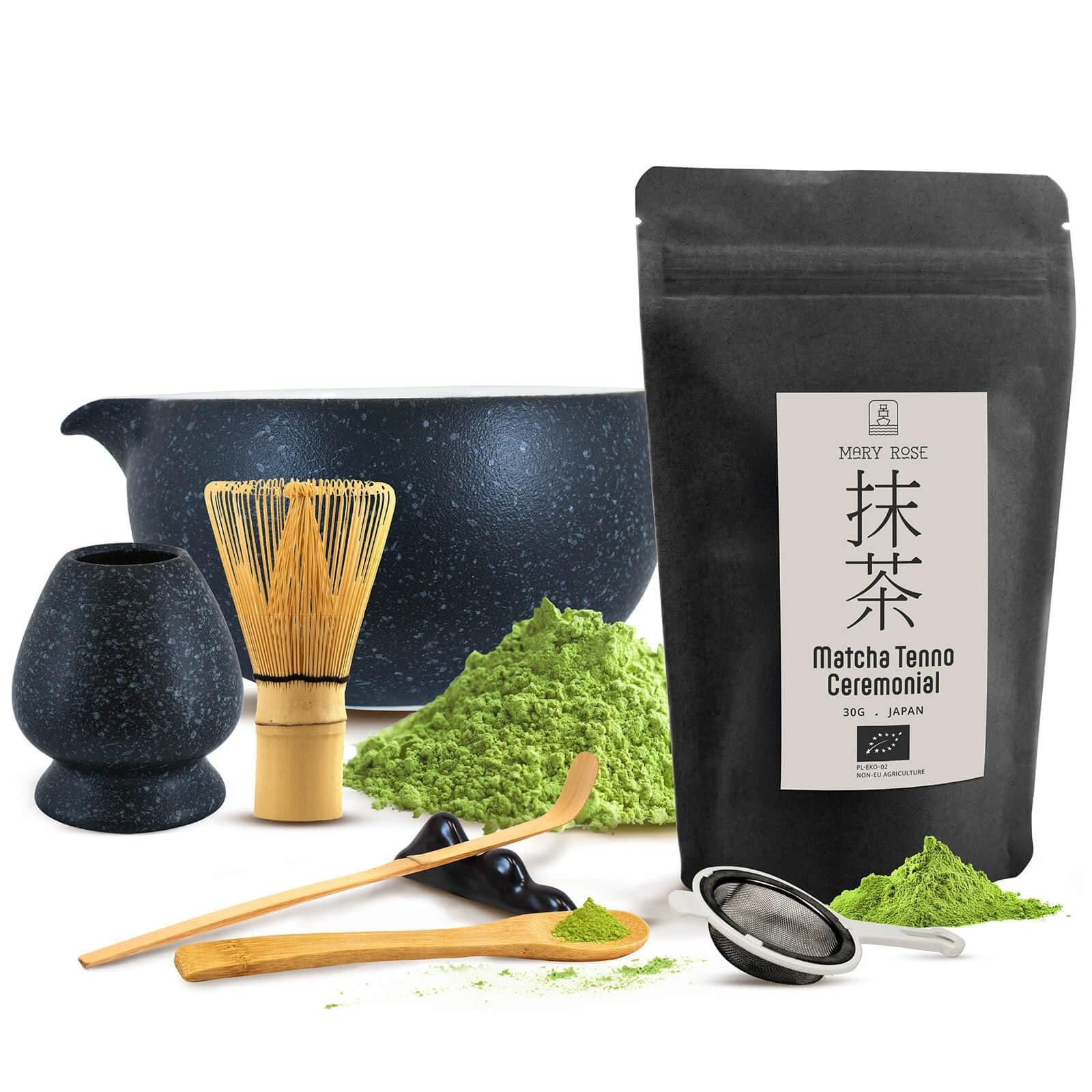 Mary Rose Ceremonial Matcha Tee Bio Set - Japanischer Grüner Tee aus Erster Ernte 30g - mit Dunkelgrau Schale Kurai 470ml mit Ausguss - Sieb, Halter, Chashaku, Chasen Besen - Für Teezeremonie